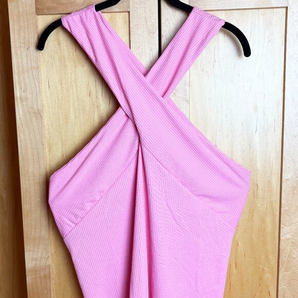 Bibi Bubble Gum Pink Ribbed Criss Cross Halter Neck Top Size XL - Picture 1 of 7